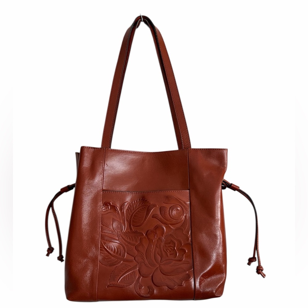 Patricia Nash Everton Tooled Leather Slouch Drawstring Tote Bag Tan Cognac
